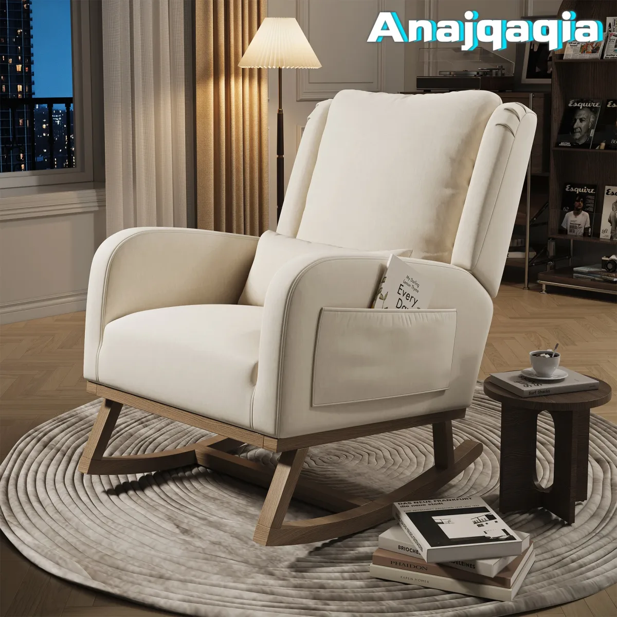 Fauteuil à bascule beige en lin et bois massif
