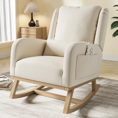 Fauteuil à bascule beige en lin et bois massif – image 3