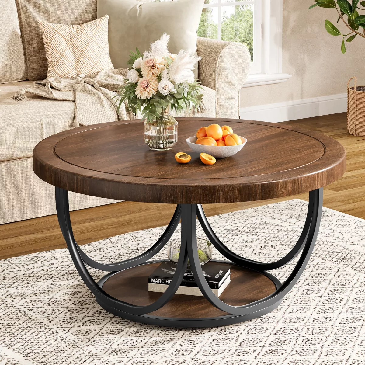 Table basse ronde 2 niveaux noir et noyer