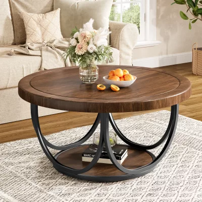 Table basse ronde 2 niveaux noir et noyer