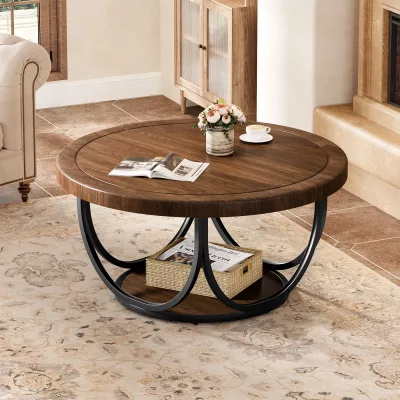 Table basse ronde 2 niveaux noir et noyer – image 2