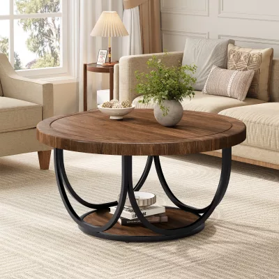 Table basse ronde 2 niveaux noir et noyer – image 3